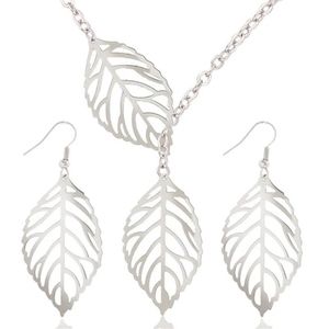 Metal Leaf Earrings and Necklace Set